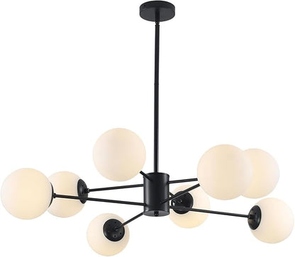 BOKT Modern 8-Lights Globe Sputnik Chandelier Mid Century Matte Black Chandelier Ceiling Mount Light Fixture with Milky White Glass Glass Lampshade for Dining Room Living Room