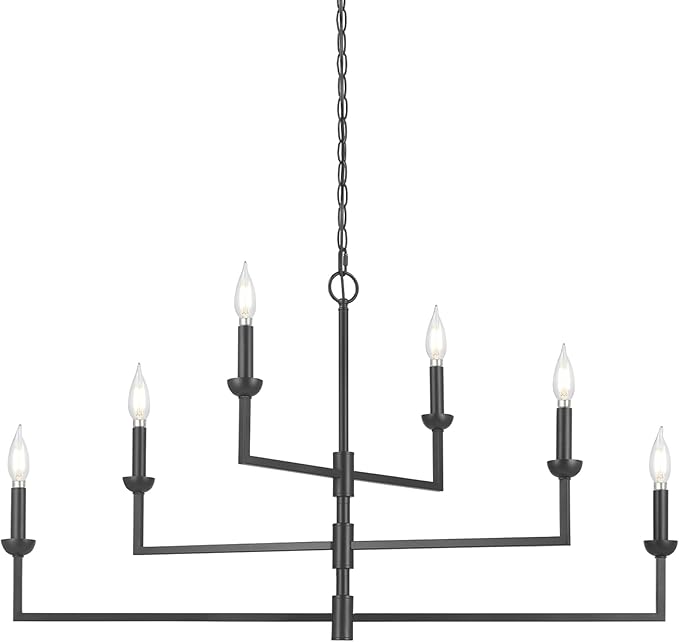 Globe Electric 67000125 6-Light Chandelier, Matte Black, 3-Tier Construction, Black Chain, Swivel Arms, Candelabra Base Bulbs, Ceiling Light Fixture, Chandeliers for Dining Room, Home Decor