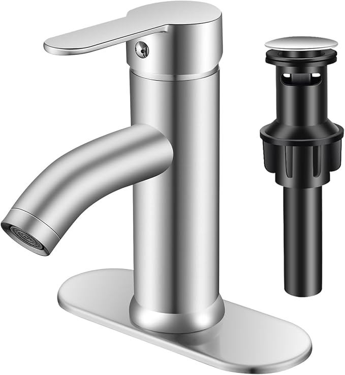 Brushed Nickel Bathroom Faucet Single Handle for 1 or 3 Hole Bathroom Sink Faucet with Deck Pop-up Drain and Supply Pipe,for Mixing wash Basin, RV