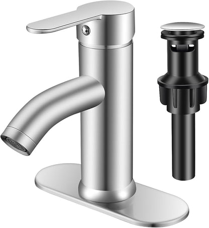 Brushed Nickel Bathroom Faucet Single Handle for 1 or 3 Hole Bathroom Sink Faucet with Deck Pop-up Drain and Supply Pipe,for Mixing wash Basin, RV
