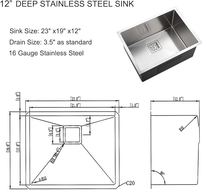 Undermount Laundry Sink, 24 x 19 x 12 Inch 16 Gauge Stainless Steel Deep Single Bowl Undermount Laundry and Utility Sink with Square Drainer