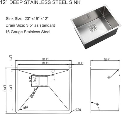 Undermount Laundry Sink, 24 x 19 x 12 Inch 16 Gauge Stainless Steel Deep Single Bowl Undermount Laundry and Utility Sink with Square Drainer