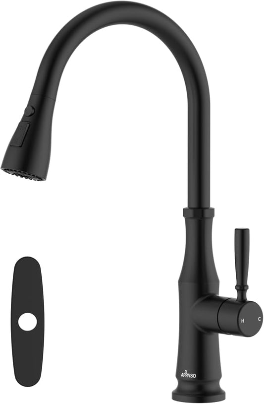 APPASO Black Kitchen Faucet with Pull Down Sprayer, 360° Swivel, 20-Inch Flexible Hose, One Hole Single Handle High Arc Matte Black Faucet for 1 or 3 Holes Kitchen Farmhouse Outdoor Sink, Easy Install