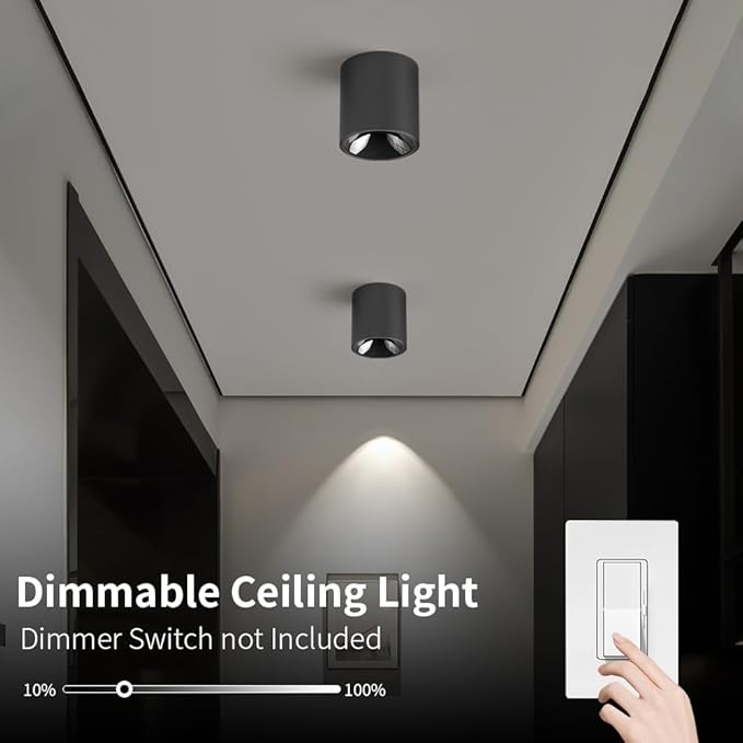 JAYMP Modern LED Ceiling Light 4000K Dimmable 24W COB Black Surface Mount Cylinder Accent Down Light for Living Room Hallway Laundry Room
