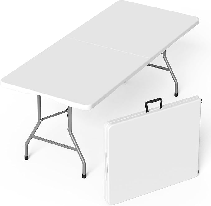 Folding Table 6 Foot for Indoor Outdoor, Portable Heavy Duty Fold-in-Half Utility Plastic Foldable Dining Table with Carrying Handle for Picnic, Camping and Party, White