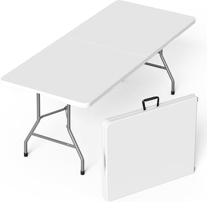 Folding Table 6 Foot for Indoor Outdoor, Portable Heavy Duty Fold-in-Half Utility Plastic Foldable Dining Table with Carrying Handle for Picnic, Camping and Party, White