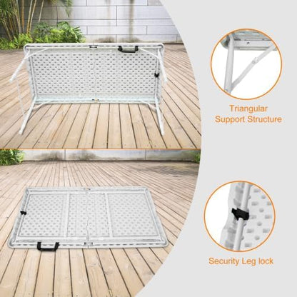 GlowSol Folding Table 4FT, Heavy Duty Portable Plastic Folding Table with Handle, Anti-Slip Feet, Waterproof, Easy to Clean, 300LBS Capacity, Foldable for Indoor Outdoor Use, White