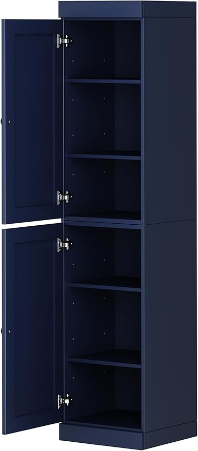 Palace Imports Solid Wood Kitchen Pantry - Narrow Storage Cabinet - Shaker Doors, Adjustable Shelves, Navy Blue, 16.5" Wide x 71.5" Tall, 100% Eco-Friendly Wood, Modular Pantry Cabinet Systems
