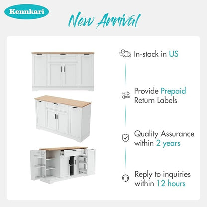 53.7'' Multi-Functional Storage Sideboard with Adjustable Shelves, Mid-Century Modern Console Table with 3-Tier Pull-Out Rack, Kitchen Island for Kitchen, Dining Room and Living Room (White)