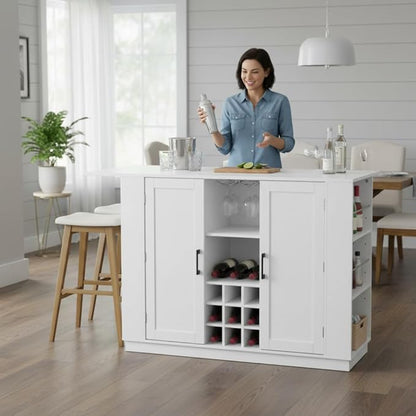 Virubi 47.2" Kitchen Island with Storage, Bottle Rack & Glass Holder, Wood Buffet Sideboard with Side Shelves, Drop Leaf & Power Outlet (White)