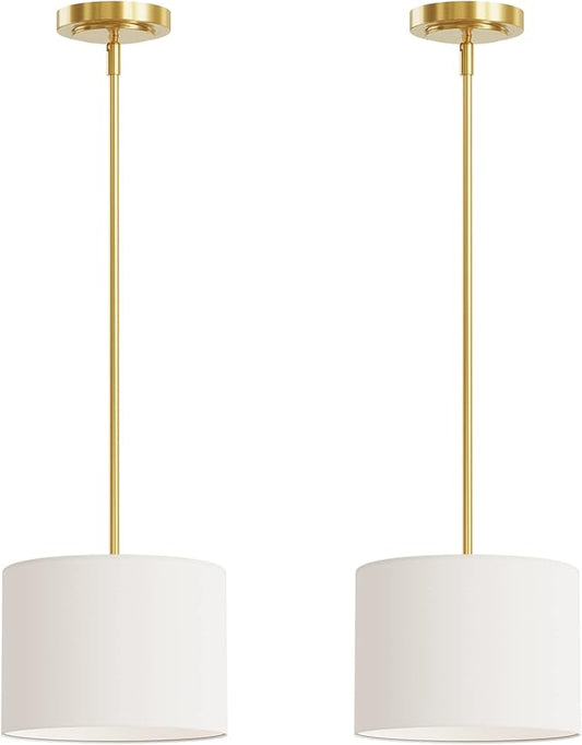 Electro bp;9" Dia White Linen Drum Shade Hanging Pendant Light Fixture with Polished Gold Pole Kit,E26,Hardwired,2-Pack;