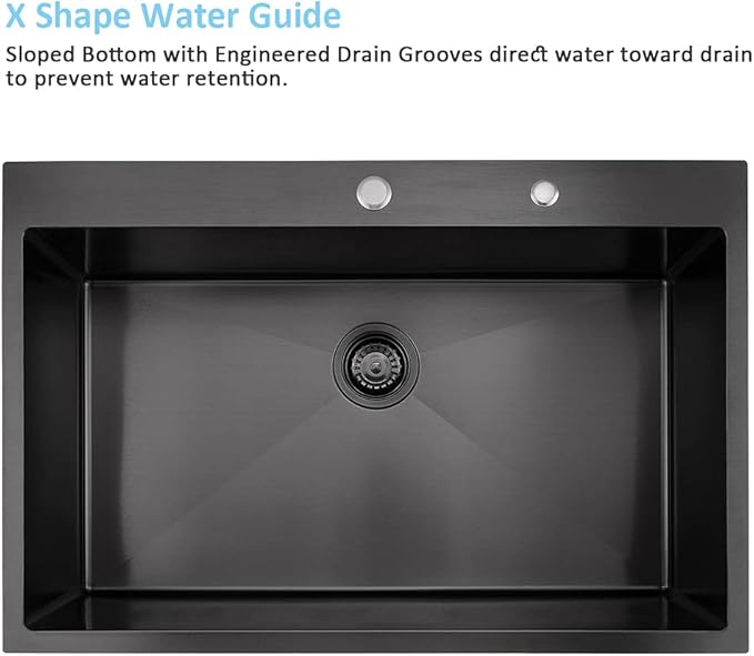 33-Inch Black Stainless Steel Drop-In Kitchen Sink - 33x22 Topmount Single Bowl With Dish Grid & Roll Up Rack - 16 Gauge Deep Matte Black