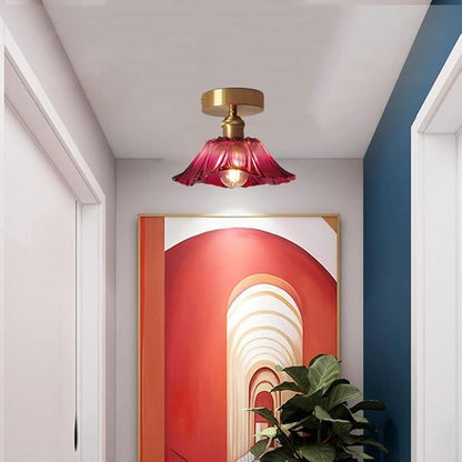 Glass Flower Ceiling Light Purple Red Hallway Light Fixtures Vintage Gold Floral Glass Semi Flush Mount Ceiling Light Farmhouse Close to Ceiling Light for Entryway Porch Bathroom Balcony