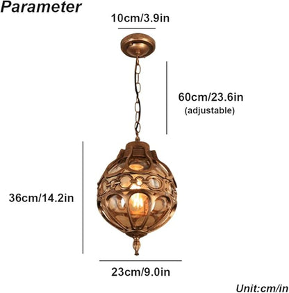Retro Outdoor Pendant Light Industrial Vintage Outside Waterproof Ceiling Hanging Light Globe Glass Lampshade Aluminum Chandelier For Porch Garden Patio Farmhouse (Gold,23cm)