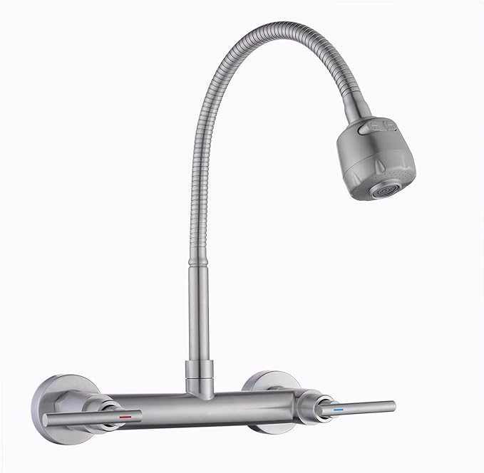 Wall Mount Faucet with Sprayer 8 Inch Center, Kitchen Sink Faucet with Dual Handle, Stainless Steel Constructed Sink Mixer Tap, Laundry Utility Faucets