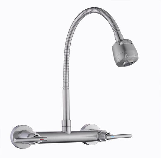 Wall Mount Faucet with Sprayer 8 Inch Center, Kitchen Sink Faucet with Dual Handle, Stainless Steel Constructed Sink Mixer Tap, Laundry Utility Faucets