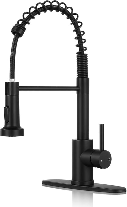 Kitchen Faucet with Pull Down Sprayer,Commercial Single Handle Stainless Steel Kitchen Faucets with Deck Plate (Matte Black)