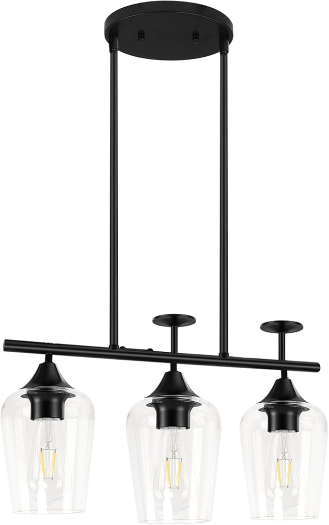 3-Light Pendant Lights Kitchen Island Lighting Fixtures Black Linear Chandelier Dining Room Light Fixture Ceiling Hanging Modern Kitchen Chandeliers Over Table with Clear Glass Shades