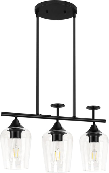 3-Light Pendant Lights Kitchen Island Lighting Fixtures Black Linear Chandelier Dining Room Light Fixture Ceiling Hanging Modern Kitchen Chandeliers Over Table with Clear Glass Shades