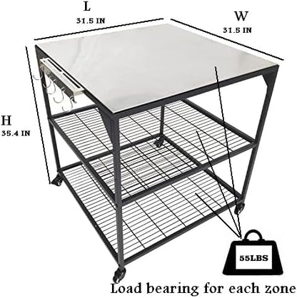 Three-Shelf Movable Stainless Steel & Steel Outdoor Dining Cart Table Pizza Oven Protable Grill and Heavy Duty Grill Cart Outdoor Table