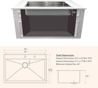 33 Inch Drop In Kitchen Sink-Bokaiya 33x22 Stainless Steel Kitchen Sink Drop In Top Mount 16 Gauge Deep Single Bowl Kitchen Sinks with Dish Grid&Strainer