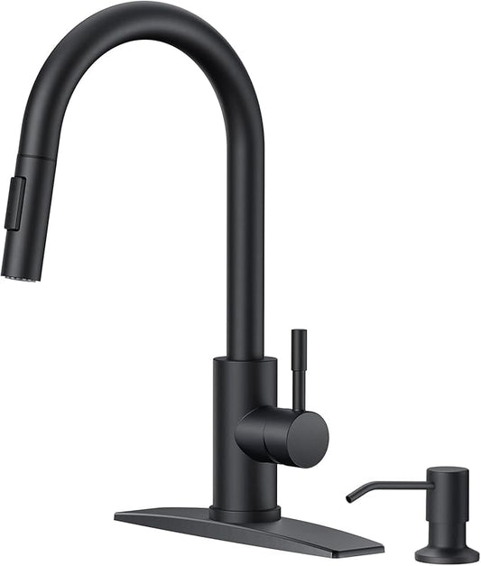 FORIOUS Black Kitchen Faucet with Soap Dispenser, High Arc Modern Sink Faucet with Pull Down Sprayer and Deck Plate, Stainless Steel Fit for 1 or 3 Hole for Pot Filler Bar Farmhouse Laundry Rv