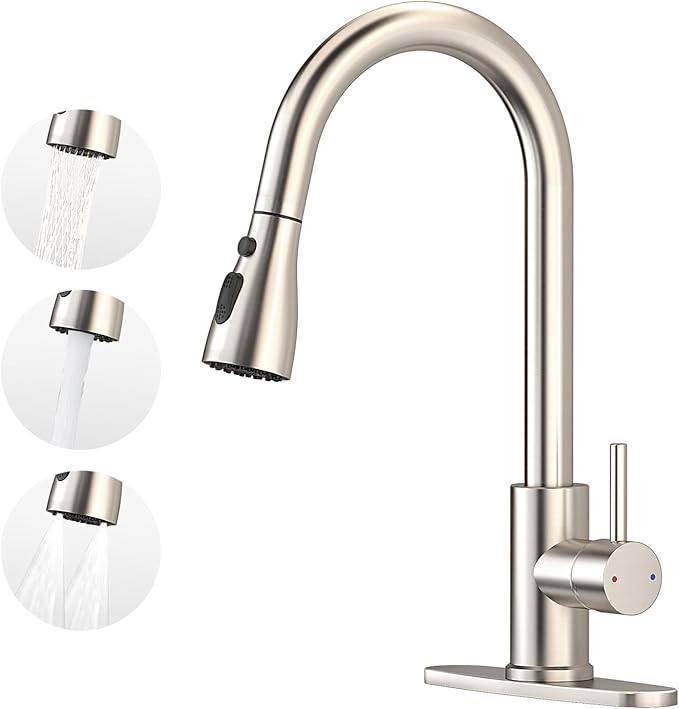 Kitchen Faucet with Pull Down Sprayer,Stainless Steel Single Handle Kitchen Faucet,1/3 Hole,Deck Plate Included，Suitable for farmhouses, Campers, Laundry Rooms, RVs, and Bars (Brushed Nickel)