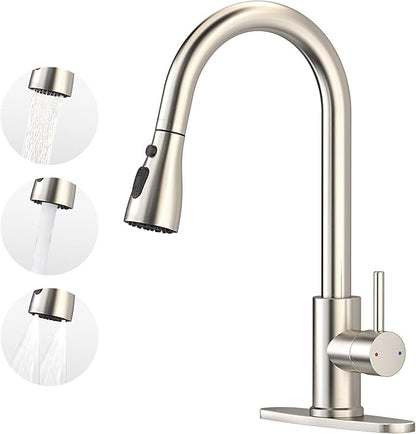 Kitchen Faucet with Pull Down Sprayer,Stainless Steel Single Handle Kitchen Faucet,1/3 Hole,Deck Plate Included，Suitable for farmhouses, Campers, Laundry Rooms, RVs, and Bars (Brushed Nickel)