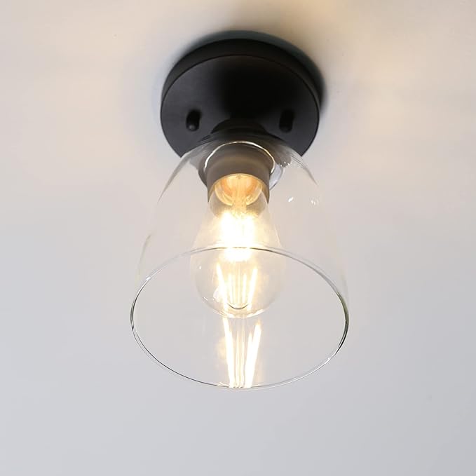 Yosoan Retro Semi Flush Mount Ceiling Light, 1-Light Vintage Industrial Hardwired 5.51'' Oval Cone Glass Shade for Kitchen Bathroom Cafe Corridor Hallway Entryway Passway (Black)