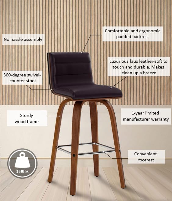 Vienna 26" Swivel Counter Stool in Walnut Wood Finish with Brown Faux Leather - Set of 4