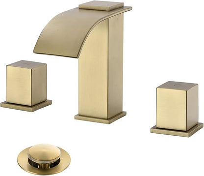 Luxury Brass Widespread Waterfall Bathroom Sink Faucets for 3 Hole 2-Handle 8 Inch Deck Vanity Faucet, &Stainless Steel Pop-up Drain Assembly, Brushed Gold