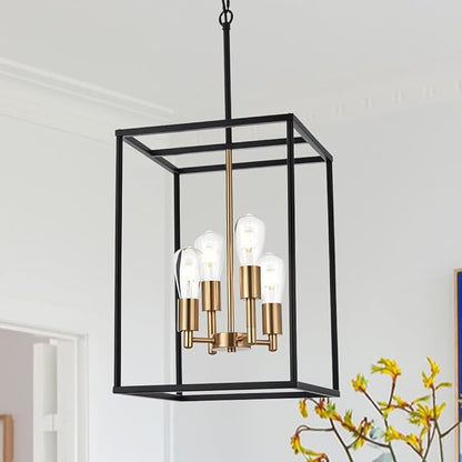 VINLUZ Retro 4 Light Large Farmhouse Chandelier Rustic Dining Room Lighting Fixtures Hanging in Black and Brushed Brass Finish Metal Square Cage Pendant Lighting for Kitchen Island