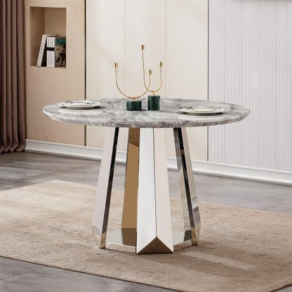 47" Round Marble Dining Table for 4-6, Luxury Modern Kitchen Table with Marble Grain MDF Tabletop & Silver Mirrored Stainless Steel Pedestal Base, Grey Stone Dinner Table for Dining Room (Table Only)