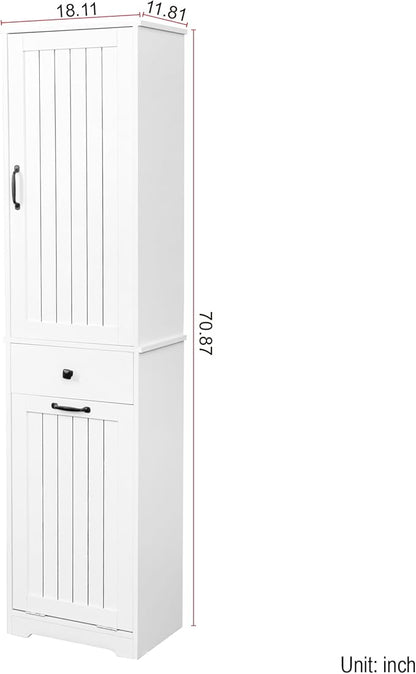 KEIKI 70.87''" Tall Laundry Cabinet, Storage Cabinet with One-Compartment & One-Drawer Tilt-Out for Laundry Room, Bathroom Organizer, White, (Style B)