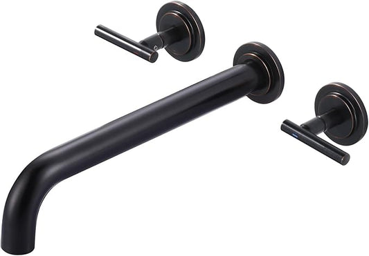 Wall Mount Tub Filler: WOWOW Oil Rubbed Bronze Bathtub Faucet Long Spout Reach, Bath Tub Filler Faucet 2 Handle Wall Mounted Bathtub Faucets with Brass Rough in Valve Included Wall Mounted Tub Faucet