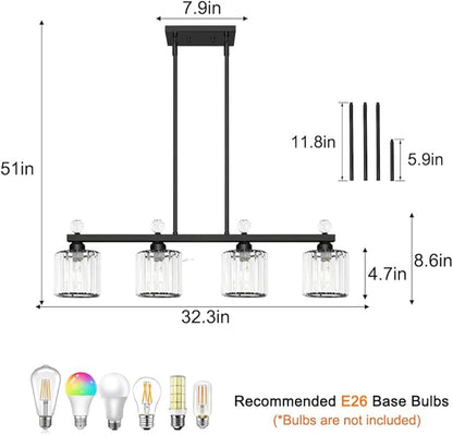 Lxybcce 32" Crystal Island Light for Kitchen Over Table, 4-Light Black Linear Pendant Light for Dining Room, Modern Ceiling Hanging Chandelier with Adjustable Height & Clear Crystal Shades, E26 Base