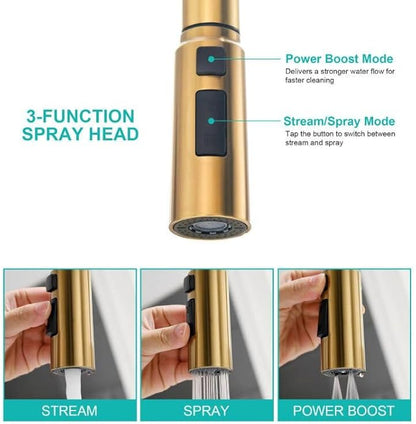 Brushed Gold Kitchen Faucet, Single Handle Gold Kitchen Sink Faucet with Pull Down Sprayer Modern Stainless Steel Brass Gold Faucet with Deck Plate 3-Function Spray Head 1 or 3 Hole