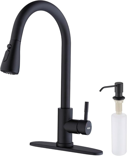 Keer Matte Black Single Handle Pull Down Kitchen Faucet with Soap Dispenser, 3 Modes Sprayer, Deep Plating Metal Finish, Easy Assembly, 20-Inch
