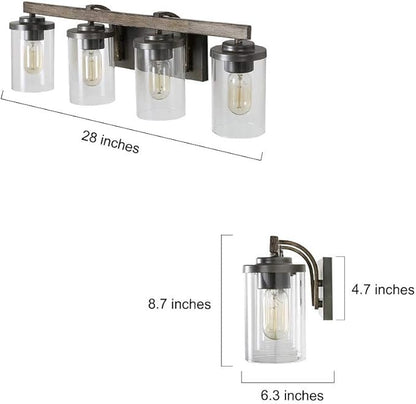 LALUZ Bathroom Vanity Light Fixtures, Farmhouse Vanity Lighting with Clear Glass Shades, Faux Wood, 4-Light, 28’’ L x 6.3’’ W x 8.7’’ H