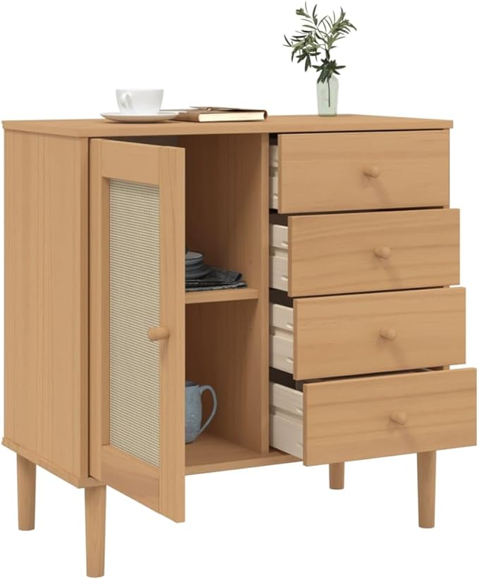 Brown Solid Pine Wood Sideboard, Rattan Look Buffet Cabinet with Drawers, 31.5 Inch Storage for Living Room, Hallway Furniture Kitchen Furnitur