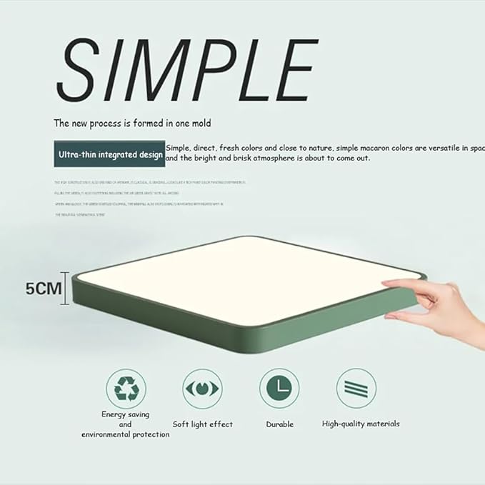 LED Ceiling Light Fixture,20 Inch Modern Square Recessed Ceiling Lights,48W 3000K-6000K Dimmable Light,Green Close to Ceiling Lighting Flush Mount for Bedroom Living Room Ceiling Lamp
