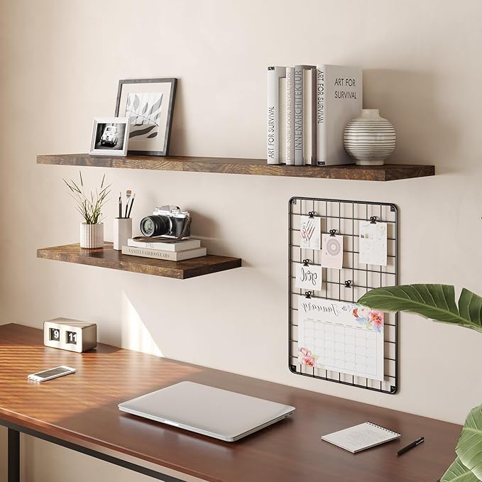 Wall Shelf Set of 1, Rustic Brown Floating Shelves 24 in W x 10 in D x 1 in H, Wooden Floating Wall Shelf with Invisible Brackets for Living Room/Bedroom/Bathroom/Kitchen Storage and Decor