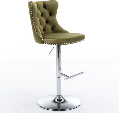 Rhomtree Velvet Swivel Bar Stools with Button Tufted Back and Pull Ring Height Adjustable Barstools 25-33 Inch for Home Pub and Kitchen Island (Olive-Green with Silver Base, Set of 2)