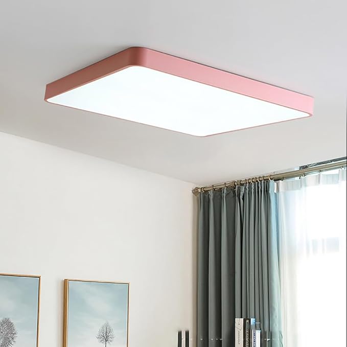 LED Ceiling Light Fixture,16 * 24 Inch Modern Rectangle Recessed Ceiling Lights,48W 3000K-6000K Dimmable Light,Pink Close to Ceiling Lighting Flush Mount Living Room Bedroom Ceiling Lamp