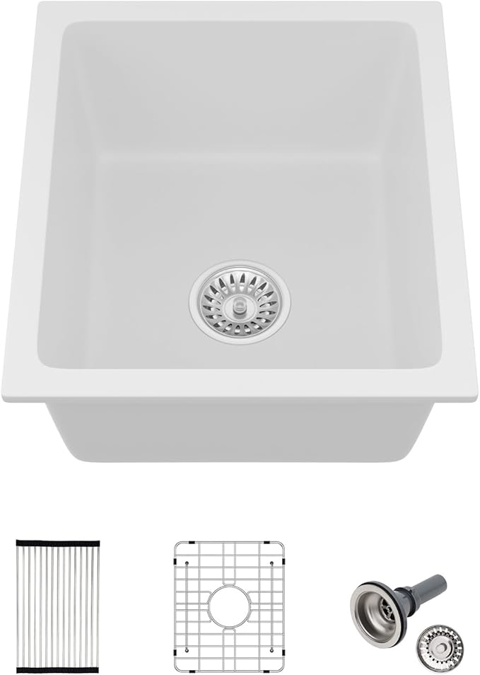 15x18 Inch Undermount Granite Composite Bar Sink White Small Quartz Classic Under Counter Ledge Single Bowl Kitchen Sinks Basin(15"x18")