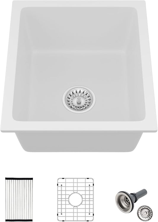 15x18 Inch Undermount Granite Composite Bar Sink White Small Quartz Classic Under Counter Ledge Single Bowl Kitchen Sinks Basin(15"x18")
