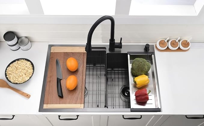 33 Inch Double Bowl Drop In Kitchen Sink Workstation Black - VOKIM 33 x 22 Inch Drop In sink Stainless Steel 16 Gauge 10 Inch Deep Double Bowl Sink