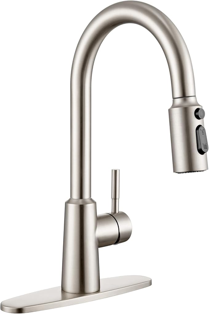 Kitchen Faucet with Pull Down Sprayer, High Arc Single Handle Brushed Nickel Stainless Steel 1 or 3 Hole Faucet for Kitchen Sink, Farmhouse, RV, Laundry, Bar, Outdoor
