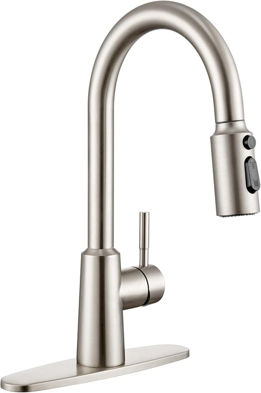 Kitchen Faucet with Pull Down Sprayer, High Arc Single Handle Brushed Nickel Stainless Steel 1 or 3 Hole Faucet for Kitchen Sink, Farmhouse, RV, Laundry, Bar, Outdoor