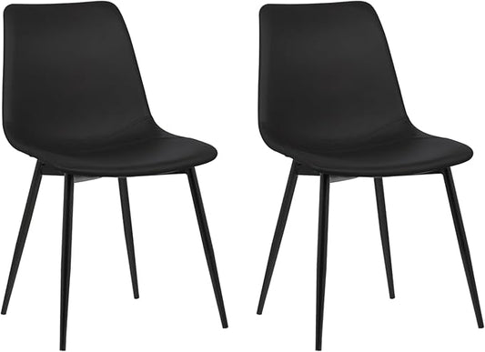 Armen Living Monte Mid Century Modern Dining Accent Chair for Table Kitchen Desk Vanity in Black Faux Leather with Black Metal Legs, Set of 2